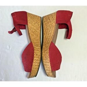 TOMS RED Suede Peep Toe Ankle Strap Wedge Sandals